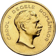 Karl II. 100 Lei 1939 auf den 100. Geburtstag von Karl I. Aus Sammlung Phoibos. Sehr selten. Vorzüglich. Taxe: 20.000,- Euro. Aus Künker Auktion 298 (28. September 2017), Nr. 4441.