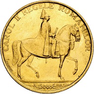 Karl II. 12 Dukaten 1940, Bukarest, auf das Jubiläum 10 Jahre Regierung. Aus Sammlung Phoibos. Sehr selten. Vorzüglich bis Stempelglanz. Taxe: 7.500,- Euro. Aus Künker Auktion 298 (28. September 2017), Nr. 4443.
