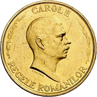 Karl II. 100 Lei 1940, Bukarest, auf das Jubiläum 10 Jahre Regierung. Aus Sammlung Phoibos. Sehr selten. Vorzüglich. Taxe: 6.000,- Euro. Aus Künker Auktion 298 (28. September 2017), Nr. 4444.