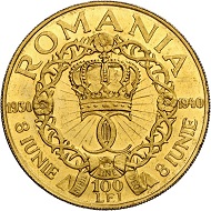 Karl II. 100 Lei 1940, Bukarest, auf das Jubiläum 10 Jahre Regierung. Aus Sammlung Phoibos. Sehr selten. Vorzüglich. Taxe: 6.000,- Euro. Aus Künker Auktion 298 (28. September 2017), Nr. 4444.
