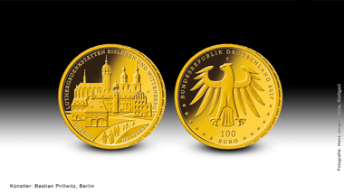 Das ist die neue 100-Euro-Goldmünze „UNESCO Welterbe – Luthergedenkstätten in Eisleben und Wittenberg“. Quelle: BADV.