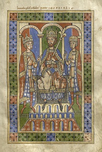 Weingartener Welfenchronik mit Darstellung Friedrichs I. Barbarossa und seiner Söhne, datiert zwischen 1185 und 1191. Handschrift D11, folg. 14r der Hochschul- und Landesbibliothek Fulda. © Hochschul- und Landesbibliothek Fulda.