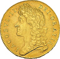 Großbritannien Königreich. Jakob II., 1685-1688, 5 Guineas 1687, anno tertio, London. Sehr selten. Sehr schön.