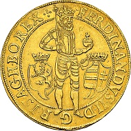 RDR. Ferdinand II., 1619-1637, seit 1590 Herzog von Kärnten und der Steiermark. 10 Dukaten 1627, Prag. Sehr selten. Fast Vorzüglich.