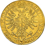 RDR. Ferdinand II., 1619-1637, seit 1590 Herzog von Kärnten und der Steiermark. 10 Dukaten 1627, Prag. Sehr selten. Fast Vorzüglich.