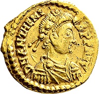 Anthemius, 467-472. Tremissis, Rom. Sehr selten. Feiner Kratzer im Bildnis, winziger Einhieb im Avers, sehr schön. Ex Slg. Prof. Dr. Hildebrecht Hommel.