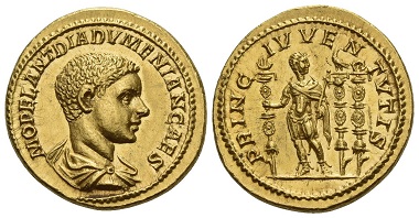 Los 66: Diadumenianus als Caesar, 217-218. Aureus, spät 217. Perfektes Stempelglanz. Schätzung: 150.000 CHF.