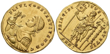 Los 1069: Constantius II. Caesar, 324-327. Medallion zu 4,5 solidi, Juli 325, Nicomedia. Vorzüglich. Schätzung: 600.000 CHF.