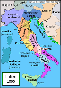 Die politische Lage in Italien um das Jahr 1000 n. Chr. Quelle: Bamse / CC BY-SA 3.0
