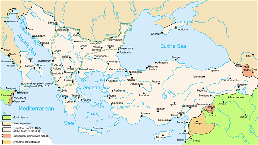 Das Byzantinische Reich auf seinem Machtzenit in mittelbyzantinischer Zeit beim Tode des Kaisers Basileios II. im Jahr 1025. Quelle: Nécropotame, Cplakidas / CC BY-SA 2.5