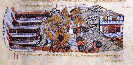 Die Byzantiner landen unter Führung von Georgios Maniakes in Sizilien und schlagen die Araber. Aus einer Handschrift der „Kaisergeschichte“ des Johannes Skylitzes (13. Jh.). Skylitzes Matritensis (Biblioteca Nacional de España), f. 212 r.