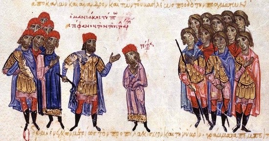 Georgios Maniakes demütigt Admiral Stephanos öffentlich. Aus einer Handschrift der „Kaisergeschichte“ des Johannes Skylitzes (13. Jh.). Skylitzes Matritensis (Biblioteca Nacional de España), fol. 213v oben.