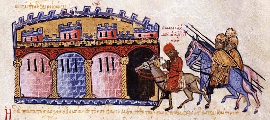 Georgios Maniakes wird als Gefangener nach Konstantinopel zurückgebracht. Aus einer Handschrift der „Kaisergeschichte“ des Johannes Skylitzes (13. Jh.). Skylitzes Matritensis (Biblioteca Nacional de España), Fol. 213v unten.