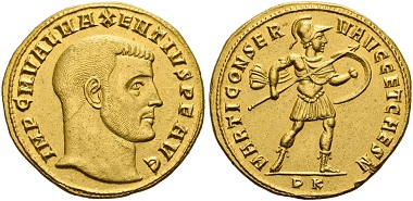 Los 135: Maxentius, 306-312. Quaternio (4 Aurei), 307, Karthago. Unikum. vz. Schätzung: 100.000 CHF.