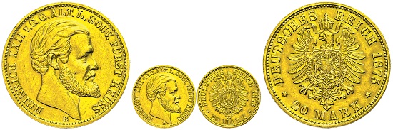 Los 911: Deutsches Reich. Heinrich XXII. 20 Mark 1875. Fast vz. Taxe und Zuschlag: 20.000 Euro.