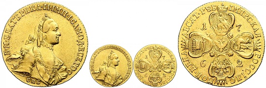 Los 1881: Russland. Katharina II. 10 Rubel, 1762, St. Petersburg. ss. Taxe: 7.000 Euro. Zuschlag: 7.700 Euro.