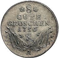 8 Gute Groschen - Wochensold eines preußischen Soldaten und klassische Münzsorte des Siebenjährigen Krieges, 1756, Münzstätte Berlin. Silber, 32 mm, 8,61 g. IKMK 18219520. Foto: Dirk Sonnenwald.