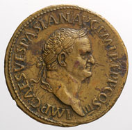 Paduaner-Medaille auf den Kaiser Vespasian mit dem Bildnis Vespasians und der bezeichnenden Darstellung ROMA RESVRGES, welche die Unregelmäßigkeiten des überprägten Sesterzen erkennen lässt.