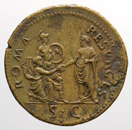 Paduaner-Medaille auf den Kaiser Vespasian mit dem Bildnis Vespasians und der bezeichnenden Darstellung ROMA RESVRGES, welche die Unregelmäßigkeiten des überprägten Sesterzen erkennen lässt.