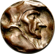 Vorderseiten der Erasmus-Medaille aus dem Besitz des Universalgelehrten, entworfen 1519, und einer modernen Adaption von Loekie Metz (1969).