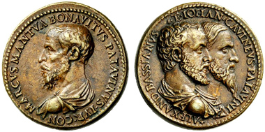 Medaille von Giovanni da Cavino. Rv. Büsten des Alexander Bassianus (vorne) und des Giovanni da Cavino (hinten) n. r. Aus Auktion NAC 53 (2009), 569.