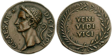 Erfundene Münze des Cavino, die vorgibt, von C. Iulius Caesar geprägt worden zu sein. Aus Auktion CNG 132 (2006), 286.