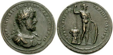 Nachahmung des Cavino von einem Sesterz des Septimius Severus. Der auf der Rückseite abgebildete Mars ist von seiner Körperauffassung her nicht mit einem Produkt aus einer römischen Münzstätte zu vergleichen. Aus Auktion CNG 132 (2006), 306.