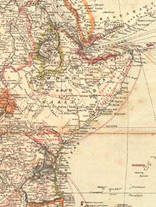 Übersichtskarte von Afrika, Stand 1887 - hier wird das Gebiet nach der deutsch-britischen Vereinbarung von 1886 und vor der Aufteilung des sansibarischen Festlandsbesitzes 1888 gezeigt. Aus einer Ausgabe des Brockhaus von 1887.