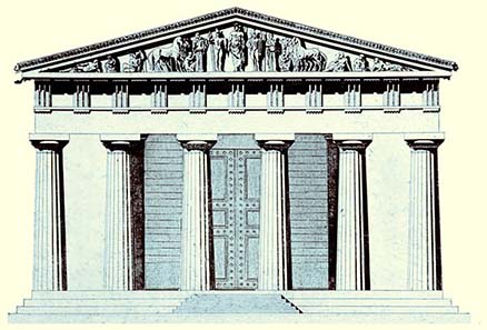 Tempel von Olympia, im Giebel die Darstellung des Pelops vor dem Wagenrennen.