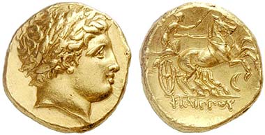 Goldstater Philipps II., geprägt nach seinem Tod 336-328 in Amphipolis. Aus Auktion Lanz 148 (2010), 22.