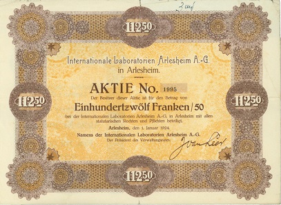 Los 7663: Int. Laboratorien Arlesheim AG (heute WELEDA). Aktie über 112.50 Franken, 1924. Zuschlag: 3‘400 CHF.