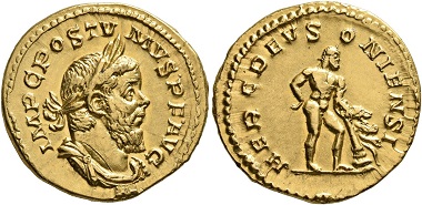 Los 341: Postumus, 260-269. Aureus, Frühjahr 262, Köln. Kleinere Abnutzungen auf den erhabenen Bereichen, minimale Henkelspur, ansonsten vorzüglich. Schätzpreis: 40.000 CHF. Zuschlag: 44.000 CHF.