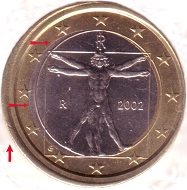 1-Euro 2002 (Italien) mit Dezentrierung. Schätzung: 30 Euro.