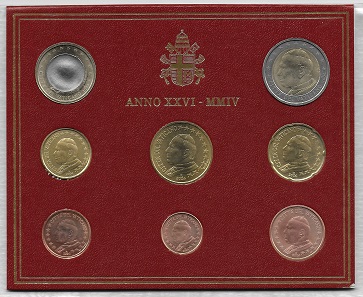 1-Euro-Fehlprägung im KMS Stempelglanz Vatikan 2004. Bildseite (li.) und Wertseite (re.). Schätzung: Liebhaberpreis.