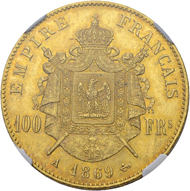 Los 442: Frankreich, Napoleon III. 100 Francs 1869 A (Paris). NGC MS65. Schätzpreis: 7.500 CHF / Erzielter Preis: 16.000 CHF (exkl. Aufgeld).