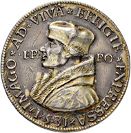 Los 1336: Erzgebirge. Silbermedaille 1531 auf Erasmus von Rotterdam. Stempel von Hieronymus Magdeburger. Schätzpreis: 1.500 CHF / Erzielter Preis: 5.000 CHF (exkl. Aufgeld).