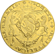 Los 2624: Schweiz, Bern. 10 Dukaten 1681, Stsch. David Dick. Von grösster Seltenheit. Ex Sammlung Vogel (Auktion A. Hess Nachf. Fkft./Main, Okt. 1928, Los 5436). Schätzpreis: 100.000 CHF / Erzielter Preis: 190.000 CHF (exkl. Aufgeld).