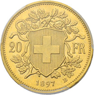 Los 3322: Schweiz, Eidgenossenschaft. 20 Franken 1897 (mit Stirnlocke). Von grösster Seltenheit. Schätzpreis: 80.000 CHF / Erzielter Preis: 130.000 CHF (exkl. Aufgeld).