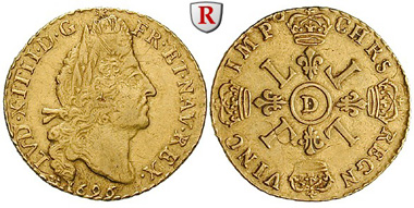 Frankreich. Louis XIV., 1643-1715. Louis d’or aux quatre L 1696 D Lyon. Friedb. 433. sehr schön – vorzüglich. 1.450 Euro.
