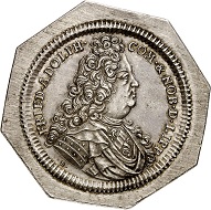 Nr. 4218. Lippe. Friedrich Adolf, 1697-1718. Achteckige 1 1/4fache Reichstalerklippe 1715, Detmold. Sehr selten. Vorzüglich. Taxe: 6.000,- Euro. Zuschlag: 15.000,- Euro