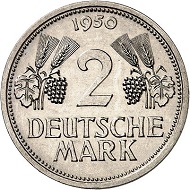 Nr. 5561. BRD. Probe zu 2 DM 1950, D, Ähren, Kupfer-Nickel zu J. 386. Taxe: 1.500,- Euro. Zuschlag: 9.500,- Euro