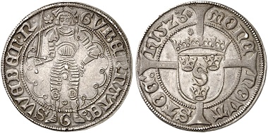 Gustav Wasa mit dem Titel eines Reichsverwesers. 1/2 Gyllen 1523, Stockholm. Aus Auktion Künker 285 (2017), Nr. 115.