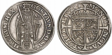 Gustav Wasa auf seine Krönung zum König am 12. Januar 1528 im Dom von Uppsala. Gyllen 1528, Stockholm. Aus Auktion Künker 196 (2011), Nr. 5001.