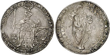 Karl IX. Riksdaler 1610, Stockholm. Die Rückseite mit der Darstellung Christi als Retter gehört zum typisch protestantischen Bildreservoir. Aus Auktion Künker 293 (2017), Nr. 2159.