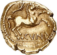 Nr. 1719: Catuvellauni und Trinovantes (Britannien). Cunobelinus, 8-41 n. Chr. Goldstater, 20-41, Camulodunum (= Colchester). Sehr seltene Variante. Vorzüglich. Aus Sammlung Dr. W. R. Taxe: 2.500,- Euro.