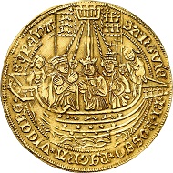 Nr. 3724: Stadt Köln. Goldabschlag zu 4 Goldgulden von den Stempeln des Dreikönigstalers o. J. (um 1620). Äußerst selten. Sehr schön. Aus Sammlung Bankhaus Sal. Oppenheim. Taxe: 50.000,- Euro.