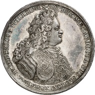 Nr. 4099: Mecklenburg-Schwerin. Friedrich Wilhelm, 1692-1713. Silbermedaille 1701 von Z. D. Kelp und B. Meyer auf den Hamburger Erbvergleich. Äußerst selten. Vorzüglich. Spezialsammlung Mecklenburg. Taxe: 10.000,- Euro.