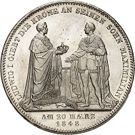 Nr. 5053: Bayern. Ludwig I., 1825-1848. Vereinsdoppeltaler 1848 auf die Übergabe der Krone an seinen Sohn. Der seltenste bayerische Geschichtsdoppeltaler. Fast Stempelglanz. Taxe: 3.000,- Euro.