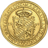 Nr. 7702: Bayern. Maximilian I., 1598-1651. 8 Dukaten 1598, München, auf seine Huldigung. Sehr selten. Vorzüglich. Spezialsammlung Bayern. Taxe: 30.000,- Euro.