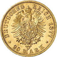 Nr. 8691: Deutsches Kaiserreich. Sachsen. Albert, 1873-1902. 20 Mark 1877. Sehr seltener Jahrgang. Gutes vorzüglich. Taxe: 30.000,- Euro.